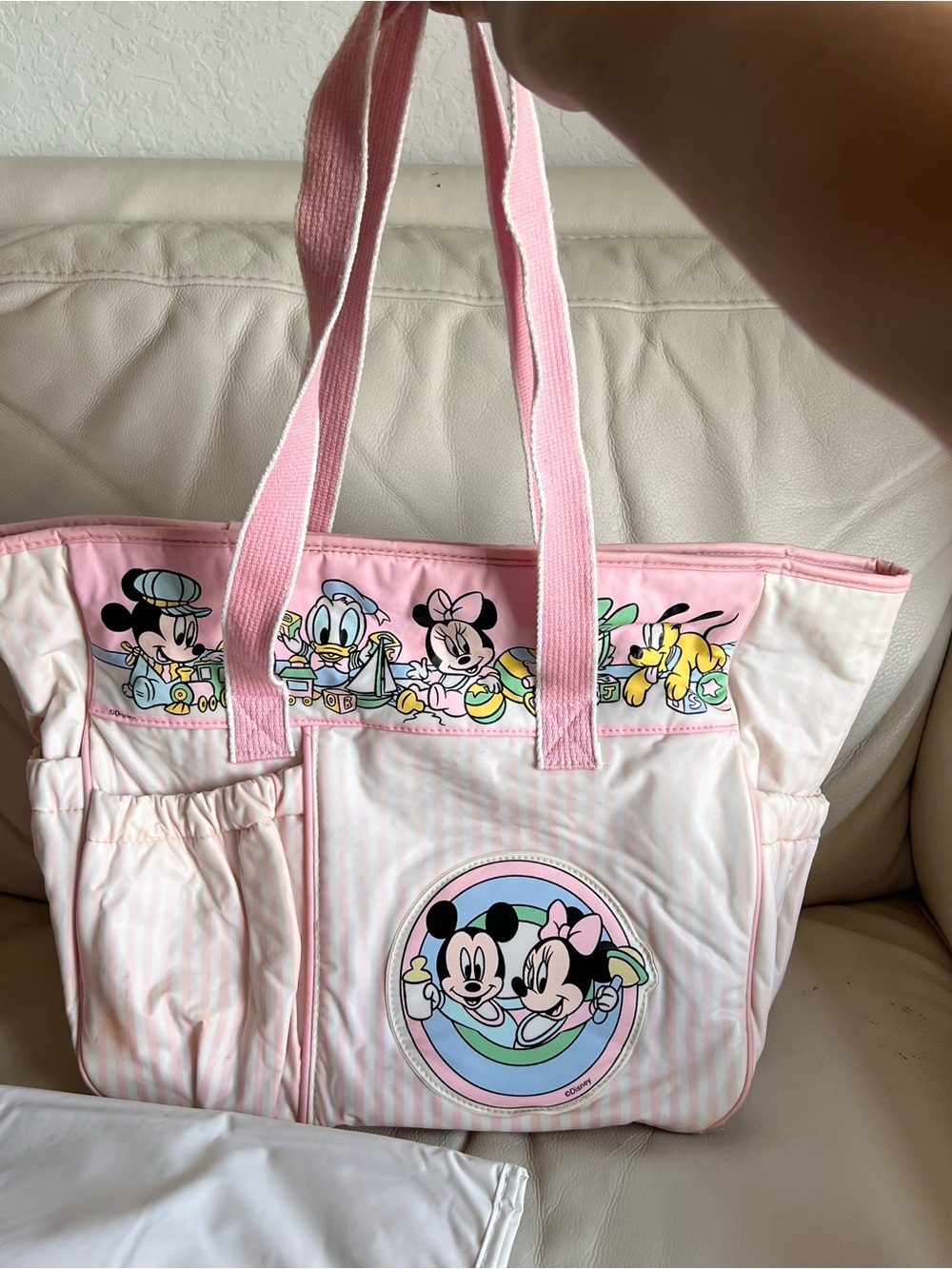 Vintage Disney Pink Mickey & Friends Striped Diaper Tote Bag with Changing Pad